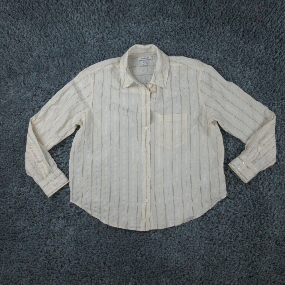Madewell Shirt Womens Small Beige White Striped Seersucker Relaxed Long Sleeve